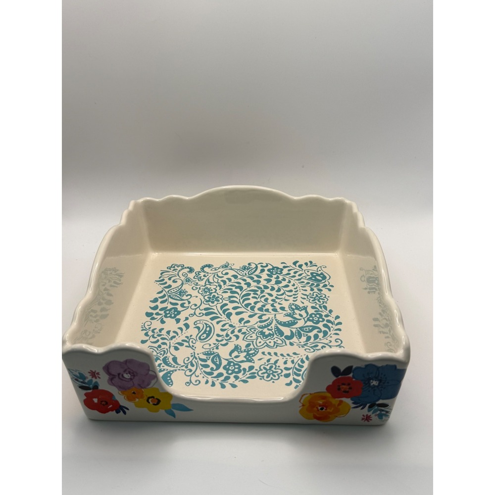 Pioneer Woman Floral Ceramic Napkin Holder White Teal Paisley Scalloped Square